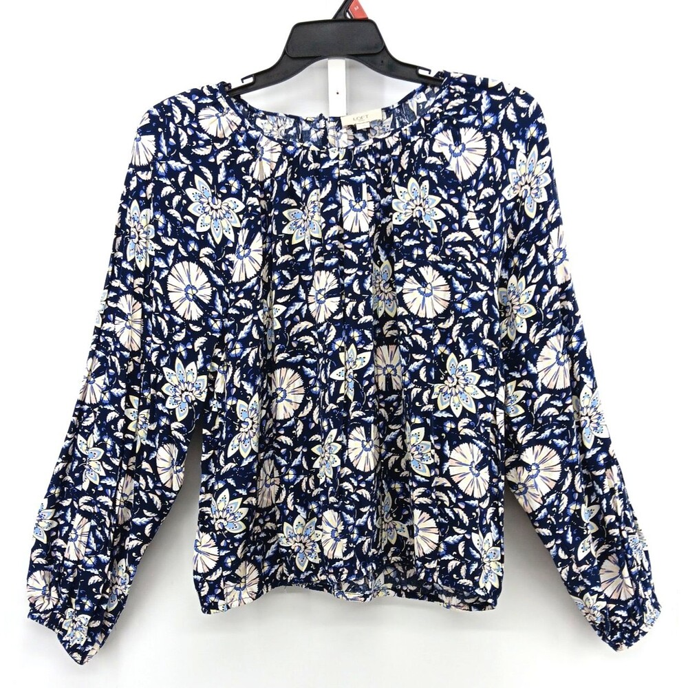 LOFT Blouse Women Size XL Blue Floral Long Balloon Sleeve Keyhole Back Top